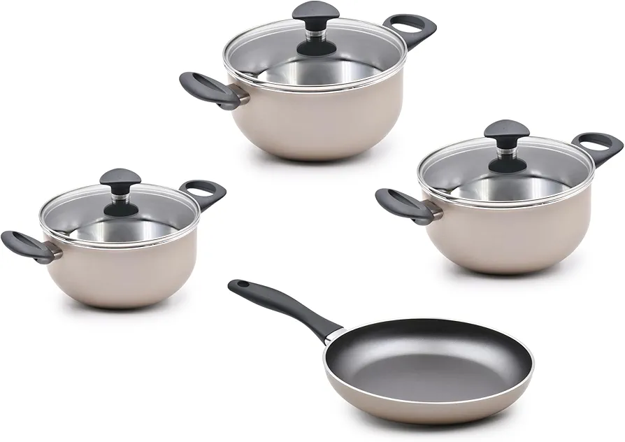 CELAR Cooking Set, 4 Pot Size (16-20-24-26) cm + Wok Pan 28 cm + Grill Pan 26 cm, Beige