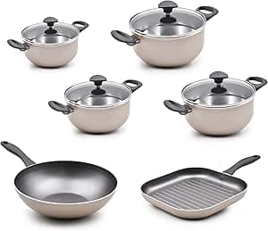 CELAR Cooking Set, 4 Pot Size (16-20-24-26) cm + Wok Pan 28 cm + Grill Pan 26 cm, Beige